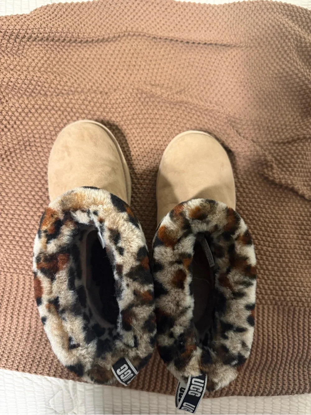UGG Leopard Faux Fur Cuff Mini Boots in Chestnut and Black